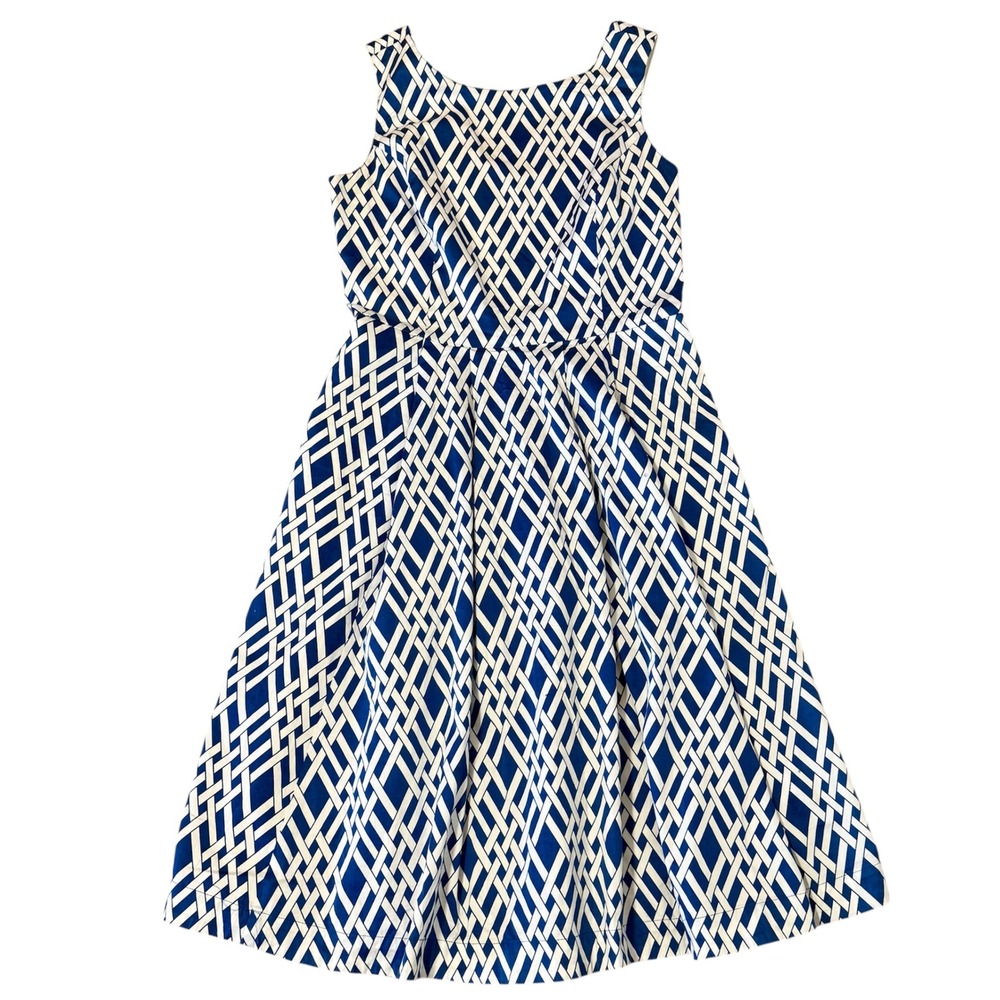 Lands End Womens Blue White‎ Geometric Lattice Fit Flare Dress Pockets Size 4